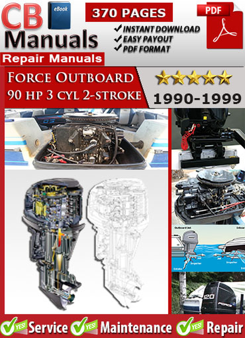 Force Outboard 90 HP 1990–1999 Service Repair Manual PDF – Includes troubleshooting steps, carburetor cleaning, ignition system repair, and cooling diagnostics for 3-cylinder 2-stroke models.