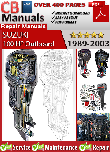Suzuki 100 HP Outboard 1988–2003 Service Repair Manual PDF – Includes wiring schematics, 2-stroke V4 engine rebuild, tilt trim repairs, and fuel system diagnostics.