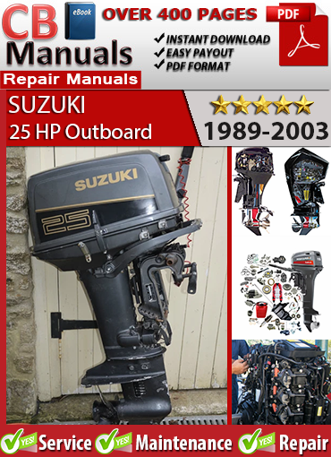 Suzuki 25 HP Outboard 1988–2003 Service Repair Manual PDF – Includes carb tuning, CDI ignition tests, water pump repairs, and DT25 wiring diagrams.